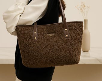 Faux Lamb Wool Tote Bag | Large Winter Shoulder Bag with Zipper | For Everyday