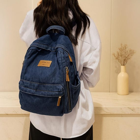 denim backpack with leather The Two adjustable leather shoulder straps with brass buckles Denim Backpack Purse Vintage Denim