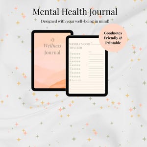 Peut inclure: Deux tablettes numériques affichant un journal de bien-être et un suivi de l'humeur hebdomadaire. Les tablettes sont noires avec du texte blanc et un fond pêche. L'image comprend le texte "Mental Health Journal" et "Goodnotes Friendly & Printable."
