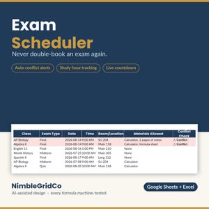 Exam Scheduler Spreadsheet | Google Sheets & Excel Conflict Alert Study Hour Tracker | Student Exam Planner | Digital Download