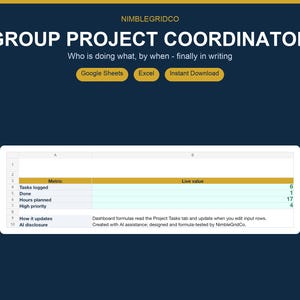 May include: A digital project management template titled Group Project Coordinator by NimbleGridCo. The interface features a dark blue background with yellow buttons for Google Sheets, Excel, and Instant Download, and a spreadsheet dashboard.