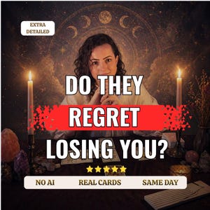 Könnte beinhalten: Ein Bild mit dem Text "DO THEY REGRET LOSING YOU?" in Weiß und Rot. Das Bild zeigt eine Frau, Kerzen, Kristalle und Tarotkarten, mit den Worten "NO AI", "REAL CARDS" und "SAME DAY" am unteren Rand.
