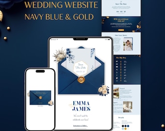 WEDDING WEBSITE + Digital Save the Date Template Navy Blue & Gold | RSVP Form and Canva Wedding Details