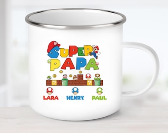 Wunschname Emaille oder Keramik, Trinkbecher, Personalisiert, Emaille Tasse, Tasse, Muttertag, Vatertag, Geschenk, Super Mario, Super Papa,