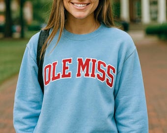 Ole Miss Rebels | Pigment Dyed | Arched Fleece Crewneck Sweatshirt | Powder Blue
