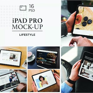 May include: iPad Pro mock-up with lifestyle theme. The image shows multiple iPads displaying websites and apps. One iPad displays a website with figs and blueberries. The text "iPad Pro Mock-Up" is visible.