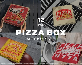 Pizza Box Mockups Set, 12 (outdoor), PSD Template for Takeout Packaging Branding.Pizza Box Mockup Template Bundle with High Resolution
