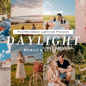 Pode incluir: Uma colagem de imagens de estilo de vida com um piquenique, pessoas na natureza e uma mulher com um vestido floral. O texto "PixelWorldSpot Lightroom Presets" e "DAYLIGHT MOBILE & DESKTOP" é sobreposto às imagens.