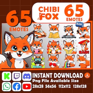 May include: A digital art graphic featuring 65 fox emotes. The emotes are in various poses and expressions, with the words "CHIBI FOX" and "65 EMOTES" in the image. The image also includes the text "INSTANT DOWNLOAD" and size options.