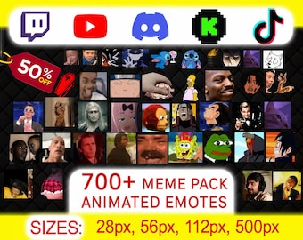 May include: A digital collection of 700+ animated meme emotes featuring various pop culture characters and internet icons. The display includes social media platform logos, a 50% off tag, and text specifying sizes of 28px, 56px, 112px, and 500px.