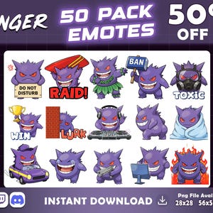Puede incluir: Un gráfico de descarga digital con 15 personajes de dibujos animados morados en varias poses y expresiones. El texto incluye "50 PACK EMOTES" y "50% OFF". El texto adicional incluye "DO NOT DISTURB", "RAID!", "WIN", "LURK", "BAN" y "TOXIC".