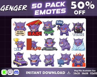 Gengar Chibi Twitch Emote Pack – 50 Cute Reactions – Instant Download PNG