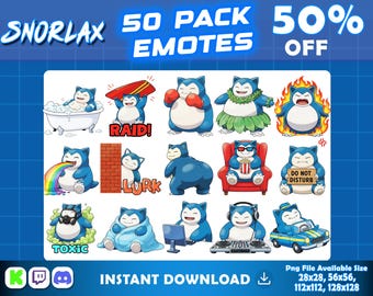 Snorlax Chibi Twitch Emote Pack – 50 Cute Reactions – Instant Download PNG