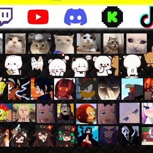 May include: A collection of various cartoon and meme images arranged on a black background. The images include cats, bears, anime characters, and other pop culture references. Social media icons are at the top.