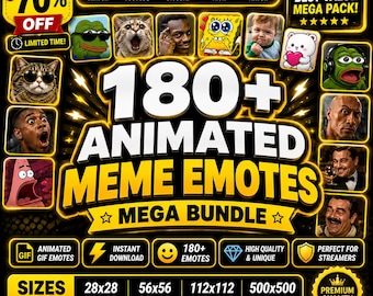 May include: A digital graphic advertisement for a bundle of 180+ animated meme emotes. The design features a black background with yellow neon borders, displaying various popular internet memes, social media icons, and text including 180+ ANIMATED MEME EMOTES MEGA BUNDLE, SIZES INCLUDED 28x28 PX, 56x56 PX, 112x112 PX, 500x500 PX, and icons for Twitch, YouTube, Discord, Kick, and TikTok.