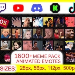 Peut inclure: Une collection numérique de plus de 1600 émoticônes animées représentant divers icônes, personnages et expressions Internet. L'affichage inclut des logos de réseaux sociaux, une étiquette 50% off et le texte 1600+ MEME PACK ANIMATED EMOTES avec les tailles 28px, 56px, 112px, 500px.