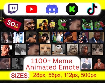 May include: A collection of animated meme emotes, including popular internet memes. The image features various sizes, a 50% off tag, and social media icons. Text reads "1100+ Meme Animated Emote" with size options: 28px, 56px, 112px, and 500px.