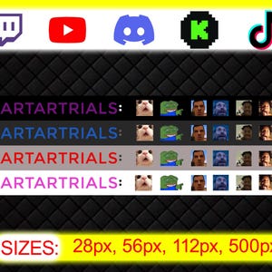 May include: A digital graphic with social media icons at the top and a black background. Below are four horizontal bars with the text "ARTARTRIALS:" and various emoji-like images. The bottom of the image displays "SIZES: 28px, 56px, 112px, 500px".