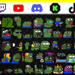 May include: A collection of Pepe the Frog meme images in various poses and styles, set against a black diamond-patterned background. The image includes social media icons at the top, such as Twitch, YouTube, Discord, and TikTok.