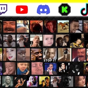 May include: A mosaic of meme faces and social media icons. The top row features Twitch, YouTube, Discord, and TikTok logos. The grid below displays various reaction images, including surprised, confused, and humorous expressions. The background is a textured black and gray pattern.