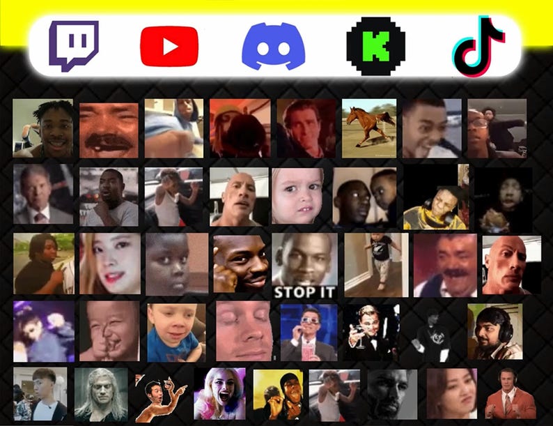 May include: A mosaic of meme faces and social media icons. The top row features Twitch, YouTube, Discord, and TikTok logos. The grid below displays various reaction images, including surprised, confused, and humorous expressions. The background is a textured black and gray pattern.