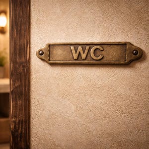 Könnte beinhalten: Ein rechteckiges Messingschild im antiken Stil mit den erhabenen Buchstaben WC in der Mitte. Das Schild hat abgerundete Enden mit kleinen Schraublöchern auf jeder Seite und ist an einer strukturierten, hellbeigen Wand neben einem dunklen Türrahmen befestigt.