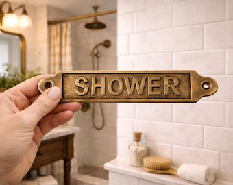 Solid Brass SHOWER Sign Plate | Retro Bathroom Door Plaque | Hand-Polished Antique Style Sign