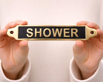 Vintage Brass Shower Sign | Shiny Gold Metal Plate for Bathrooms