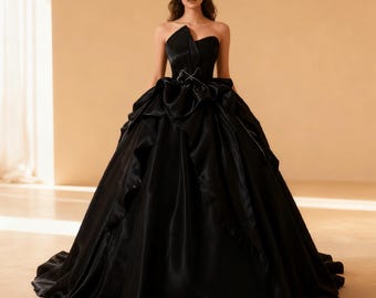blue dress for baby girl Strapless Long Glitter A-Line Prom Dress with Gloves Black / 4