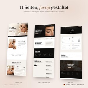 Puede incluir: Tres maquetas de dise&ntilde;o web vertical con tem&aacute;tica de servicios de belleza. Los dise&ntilde;os incluyen texto en alem&aacute;n, im&aacute;genes de ojos con extensiones de pesta&ntilde;as, tablas de precios y descripciones de servicios sobre fondos blancos y negros.