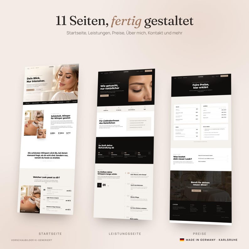 Puede incluir: Tres maquetas de dise&ntilde;o web vertical con tem&aacute;tica de servicios de belleza. Los dise&ntilde;os incluyen texto en alem&aacute;n, im&aacute;genes de ojos con extensiones de pesta&ntilde;as, tablas de precios y descripciones de servicios sobre fondos blancos y negros.
