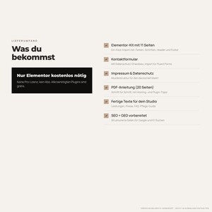 Puede incluir: Un gr&aacute;fico de informaci&oacute;n de producto digital con el t&iacute;tulo Was du bekommst. Enumera caracter&iacute;sticas que incluyen un kit de Elementor de 11 p&aacute;ginas, un formulario de contacto, p&aacute;ginas legales, una gu&iacute;a PDF de 20 p&aacute;ginas y optimizaci&oacute;n SEO/GEO.