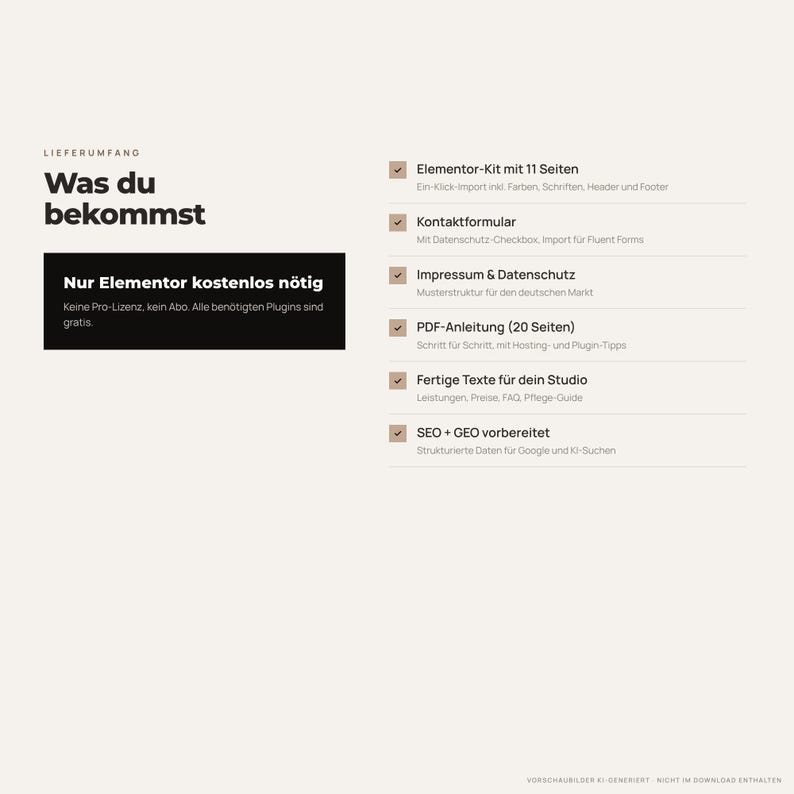 Puede incluir: Un gr&aacute;fico de informaci&oacute;n de producto digital con el t&iacute;tulo Was du bekommst. Enumera caracter&iacute;sticas que incluyen un kit de Elementor de 11 p&aacute;ginas, un formulario de contacto, p&aacute;ginas legales, una gu&iacute;a PDF de 20 p&aacute;ginas y optimizaci&oacute;n SEO/GEO.