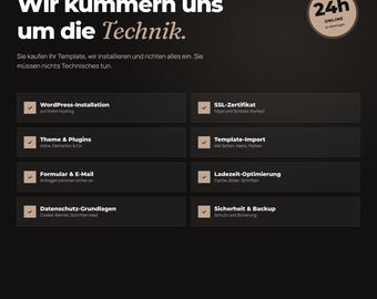 Puede incluir: Un gráfico de servicio digital negro titulado WordPress Montageservice con el texto Wir kümmern uns um die Technik. Enumera ocho funciones de configuración técnica como instalación, SSL, plugins y seguridad, con una insignia 24h online.