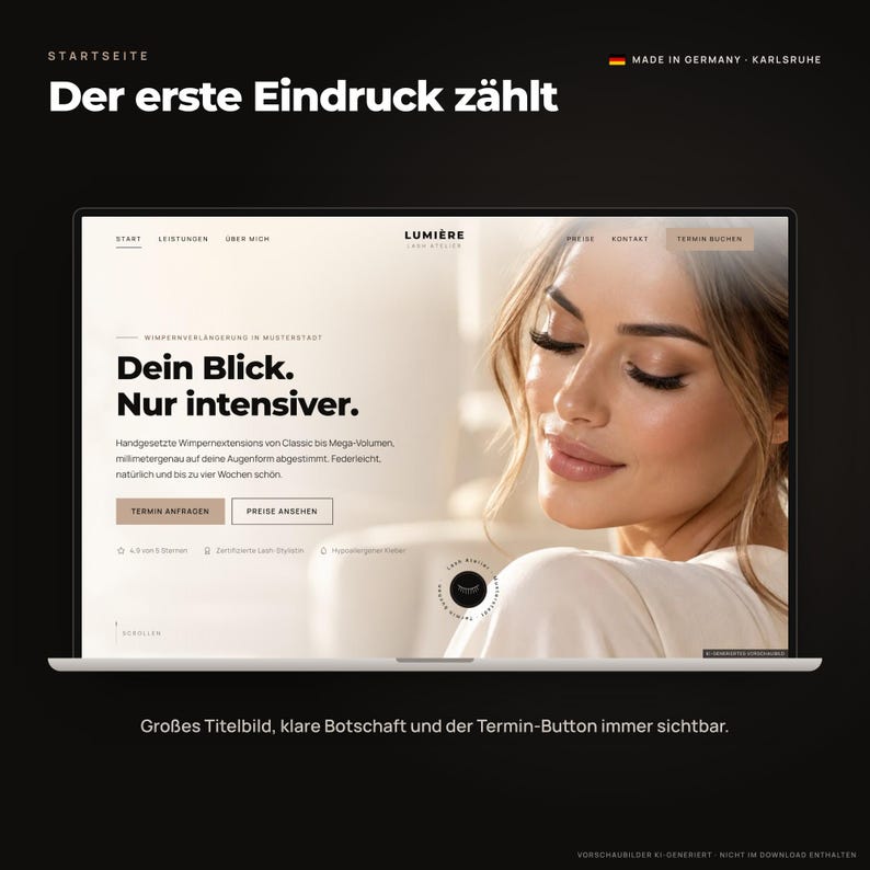 Puede incluir: Una pantalla de port&aacute;til que muestra el sitio web de Lumi&egrave;re Lash Atelier. La p&aacute;gina de inicio presenta el texto 'Dein Blick. Nur intensiver.' y una fotograf&iacute;a de una persona con extensiones de pesta&ntilde;as largas y oscuras. Men&uacute;s y botones visibles.