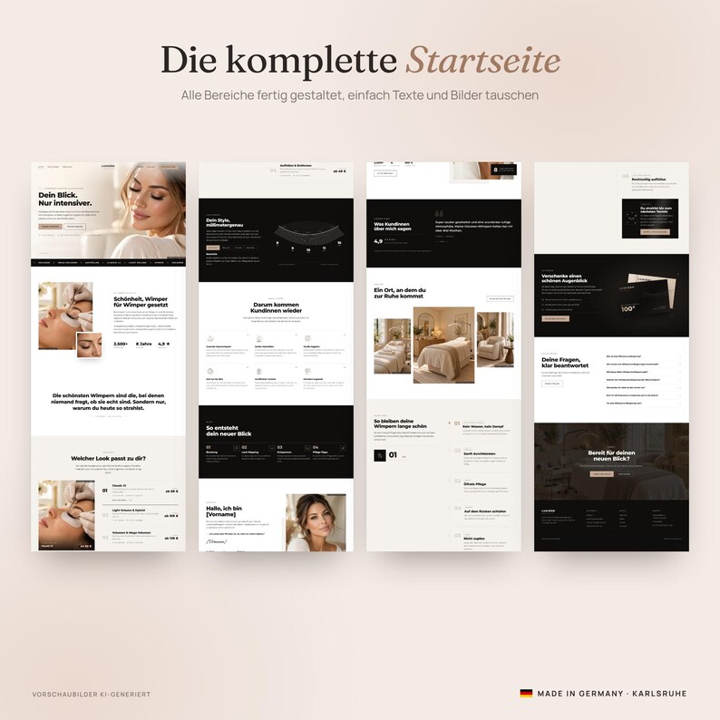 Puede incluir: Un dise&ntilde;o de plantilla de sitio web con cuatro dise&ntilde;os verticales en un esquema de color negro, blanco y beige. El texto incluye Die komplette Startseite, Alle Bereiche fertig gestaltet, einfach Texte und Bilder tauschen, y varios encabezados y secciones de texto en alem&aacute;n que muestran servicios de belleza.