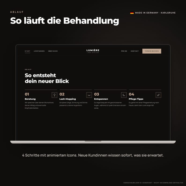Puede incluir: Una pantalla de port&aacute;til que muestra la interfaz negra del sitio web de Lumi&egrave;re Lash Atelier. La p&aacute;gina titulada So l&auml;uft die Behandlung describe un proceso de cuatro pasos: Beratung, Lash-Mapping, Entspannen y Pflege-Tipps, cada uno con un icono.