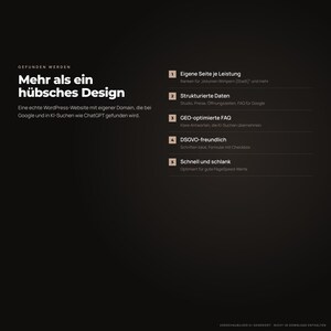 Puede incluir: Un gr&aacute;fico con fondo oscuro y texto en blanco en alem&aacute;n. El t&iacute;tulo principal es Mehr als ein h&uuml;bsches Design. Debajo hay cinco puntos numerados: Eigene Seite je Leistung, Strukturierte Daten, GEO-optimierte FAQ, DSGVO-freundlich y Schnell und schlank.