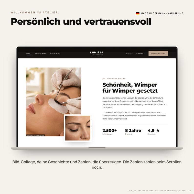Puede incluir: Una pantalla de port&aacute;til que muestra el sitio web de Lumi&egrave;re Lash Atelier. La p&aacute;gina incluye texto en alem&aacute;n, una foto de un proceso de aplicaci&oacute;n de pesta&ntilde;as, un retrato de ojos y estad&iacute;sticas con 2.500+ tratamientos, 8 a&ntilde;os de experiencia y 4,9 estrellas.