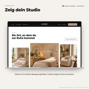 Puede incluir: Una pantalla de port&aacute;til que muestra el sitio web de Lumi&egrave;re Lash Atelier. El sitio incluye el texto 'Zeig dein Studio', 'Ein Ort, an dem du zur Ruhe kommst' y 'Termin buchen'. La p&aacute;gina muestra tres im&aacute;genes de un interior de spa con camillas.