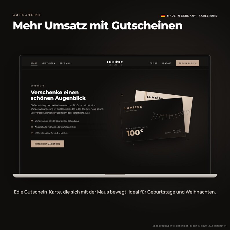 Puede incluir: Una pantalla de port&aacute;til que muestra el sitio web de Lumiere Lash Atelier, con un vale de regalo negro con el texto 100 Euro y un gr&aacute;fico de pesta&ntilde;as. El sitio web incluye el texto Verschenke einen sch&ouml;nen Augenblick.