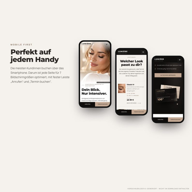 Puede incluir: Tres pantallas de tel&eacute;fono m&oacute;vil que muestran el sitio web de Lumiere Lash Atelier. Las pantallas presentan un retrato, descripciones de servicios con el texto 'Welcher Look passt zu dir?' y un gr&aacute;fico de tarjeta de regalo con '100&euro;'.