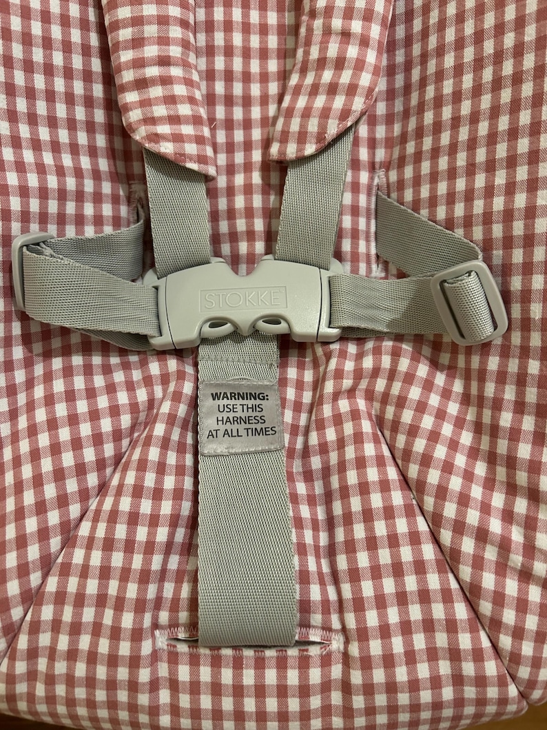 May include: Close-up of a baby high chair harness with a red and white gingham pattern. The gray harness has a plastic buckle with the brand name "Stokke" and a warning label that reads "WARNING: USE THIS HARNESS AT ALL TIMES."