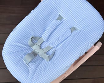 Stokke Tripp Trapp Bezug Newborn gepolstertes Sitzkissen Ersatzbezug aus Baumwolle Handmade Blau Hellblau Kariert Gingham Vichy Vichykaro