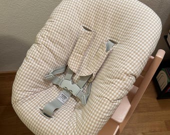 Stokke Tripp Trapp Bezug Newborn gepolstertes Sitzkissen Ersatzbezug aus Baumwolle Handmade Beige Kariert Gingham Vichy Vichykaro