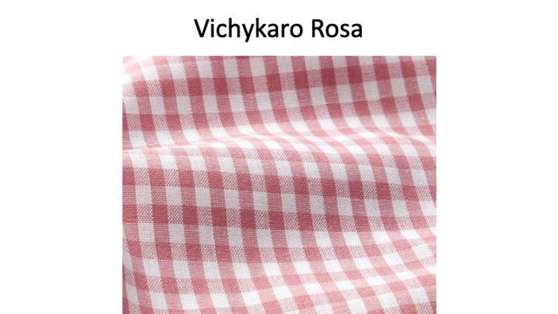 May include: Close-up of a fabric with a red and white gingham pattern. The fabric is slightly wrinkled, suggesting it is soft. The text "Vichykaro Rosa" is at the top of the image.