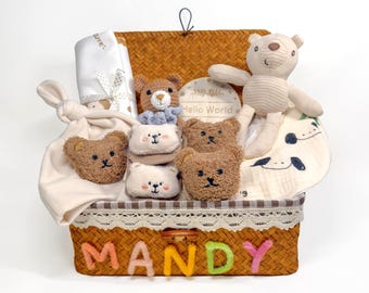 New Baby Gift Set With Bear, Custom Name Babyshower Gift: Basket & Sock, Bibs, Baby Gift Basket, Birth Stats Ornamen