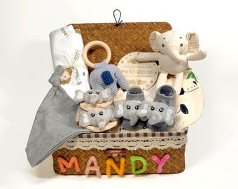New Baby Gift Set, Custom Elephant Babyshower Gift: Baby Name Basket & Sock, Bibs, Baby Gift Basket, Birth Stats Ornamen