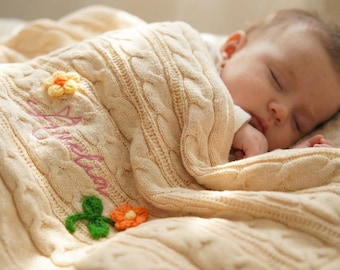Knit Winnter Baby Blanket with Name:  Personalized Name Blanket,  Warm Winter Blanket with Fleece, Embroidered Name Keepsake