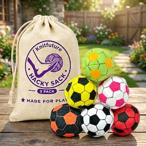 May include: A beige drawstring fabric bag with the purple text Knitfuture HACKY SACK 3 PACK MADE FOR PLAY and a graphic of a foot kicking a ball, accompanied by six small soccer-style balls in green, yellow, pink, orange, black, and red colors.